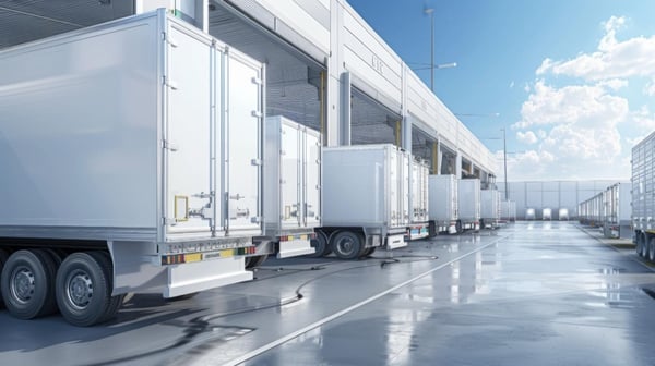 Flota de camiones para transporte refrigerado en centro logístico con muelles de carga