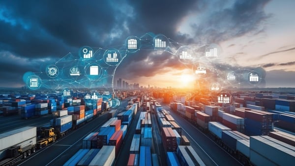 Red digital conectando contenedores y transporte global, representando gestión y visibilidad en la supply chain